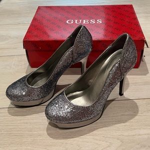 Guess Pewter Multi Texture Silver Glitter Platform Stiletto Heels